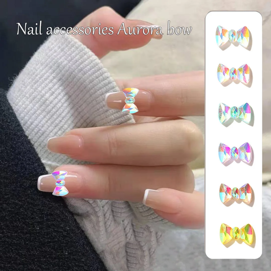 

Hot New Holographic Aurora Bow Ties Nail Art Decorations 3D Crystal AB Colorful Bow Ornaments Japanese DIY Manicure Accessories