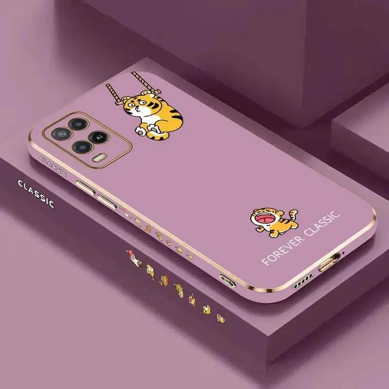 Naughty Little Tiger Luxury Plating Phone Case For Oppo A15 A15S A16 A16K A76 A77 A78 A53 A54 A55 A92 A94 A95 A83 F19 Cover