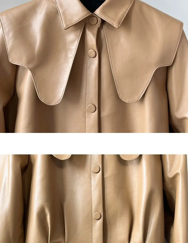 2022 Autumn Short Leather Jacket Female Navy Collar High Waist Sheepskin Jacket Young Sweet Women Leather Coat Y2k Style Top