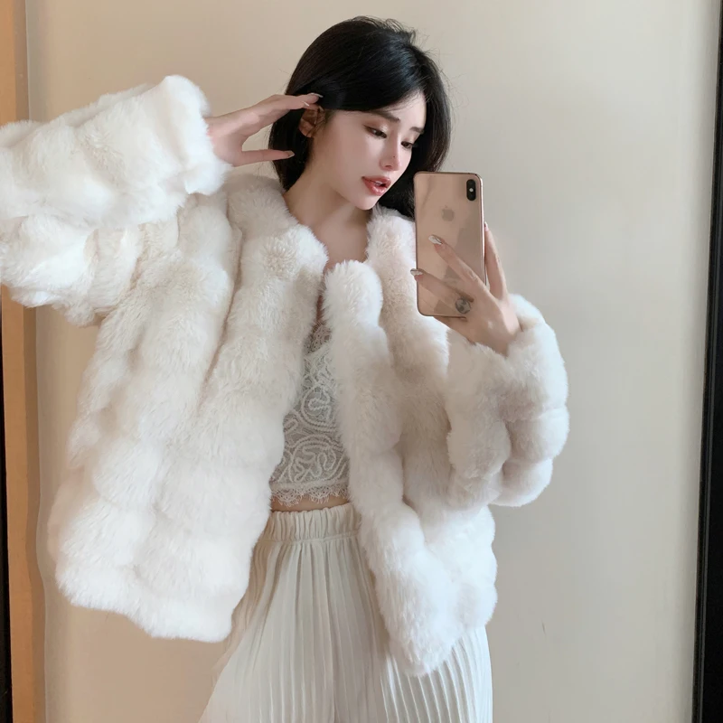 2022 New Faux Fur Coat For Women Fashion Streetwear Winter Faux Fur Jacket Short Thick Rex Rabbit Fur Jacket Female Clothing