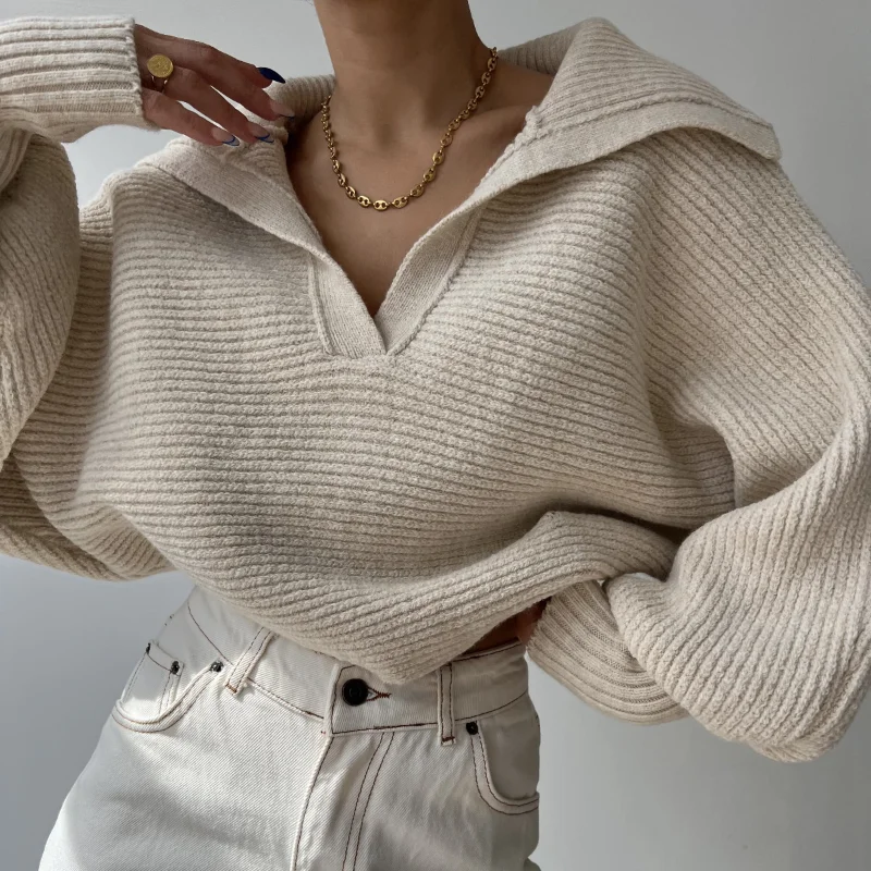 

DUOFAN Women's Sweater Fashion Warm V Neck Loose Long Sleeve High Street Knitted Pullovers Fashionable Outwear Knit Tops