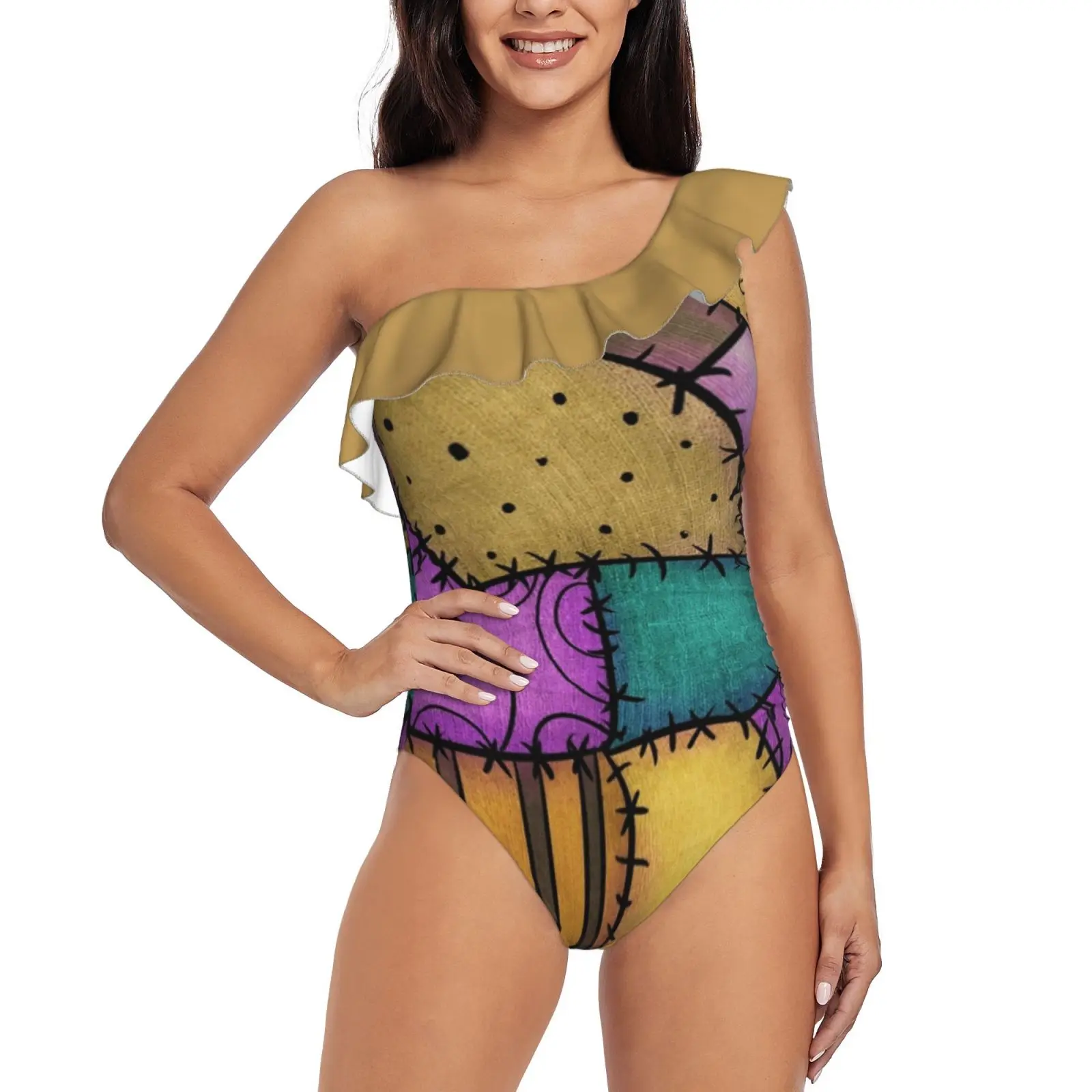 

Купальник с оборками на одно плечо, с принтом