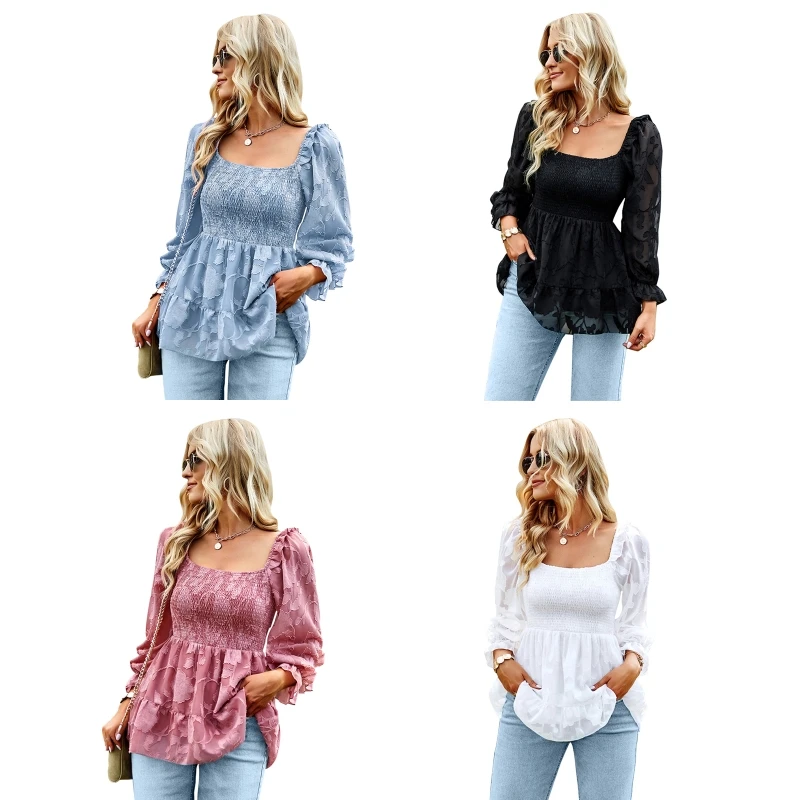 

New style Women U Crewneck Tops Women Crew Neck Bell Sleeve Hollow Out Blouse Babydoll Tops Summer Casual Floral Textured Shirts