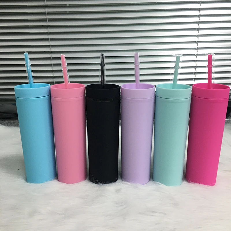 

16Oz Straw Cup New Double Plastic Straight Cup Frosted Feel As Rubber Paint Plastic Handy Straight Cup