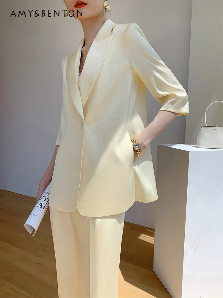 

Women's Summer Thin Suit 2023 New Top-Selling Product Fashion Dignified Goddess High-End 3/4 Sleeve Leisure Coat and Pants