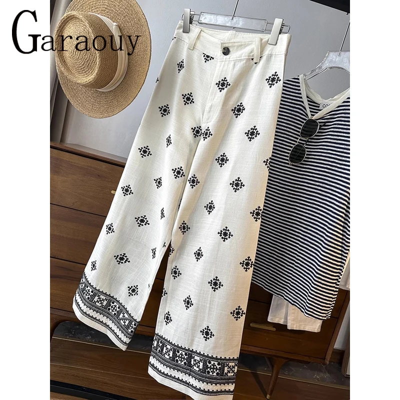 

Garaouy 2023 Summer Women's Vintage Linen Embroidery Wide Leg Pants Female Chic Vacation Casual Loose Mid Waist Cropped Trousers