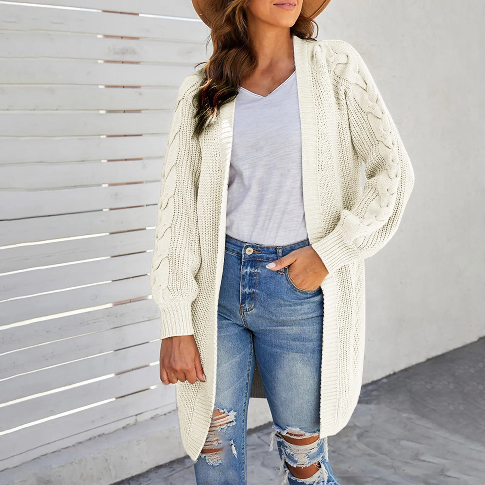 

Женский вязаный кардиган с длинным рукавом, уютный свитер с открытой передней частью, пальто, вязаный крючком свитер, верхняя одежда с карманами, Осень-зима 2023