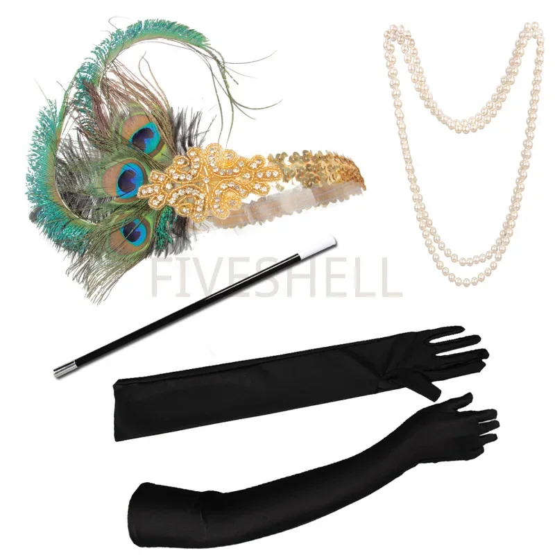 Women Great Gatsby Party Costume Accessories Set 1920s Flapper Feather Headband Gloves Cigarette Holder Necklace