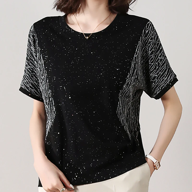 

Black Women T Shirt Bright Silk Patchwork Cotton Short Sleeve T-Shirt Korean Style Clothes Loose Tee Shirt Femme Camisetas Mujer