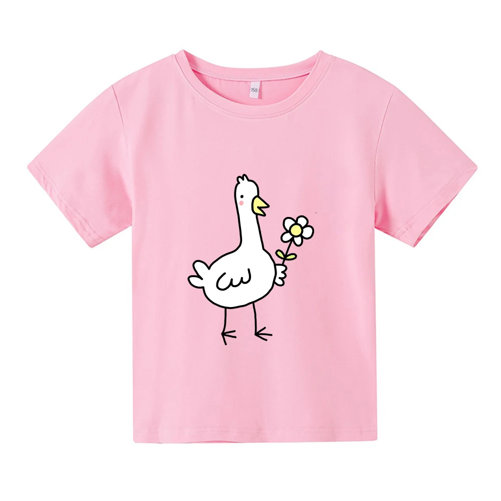 

Brief Strokes Shy Flower Goose Cartoon T-shirt 100% Cotton Short Sleeve O-neck Tee-shirt Kawaii Graphic Children Tees Boys/Girls