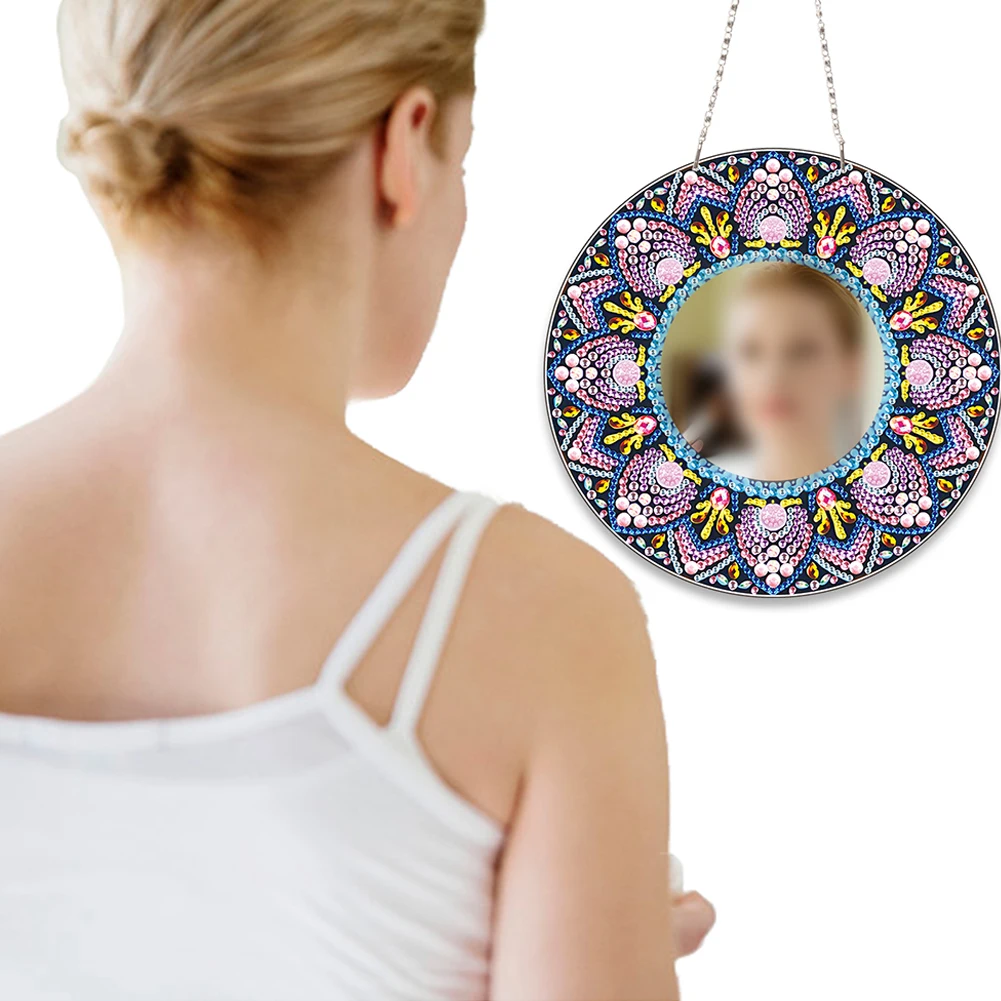 DIY Diamond Painting Mirror Mandala Pattern Full Drills Rhinestone Embroidery Makeup Mirror Wall Hanging Ornament Decor Gift