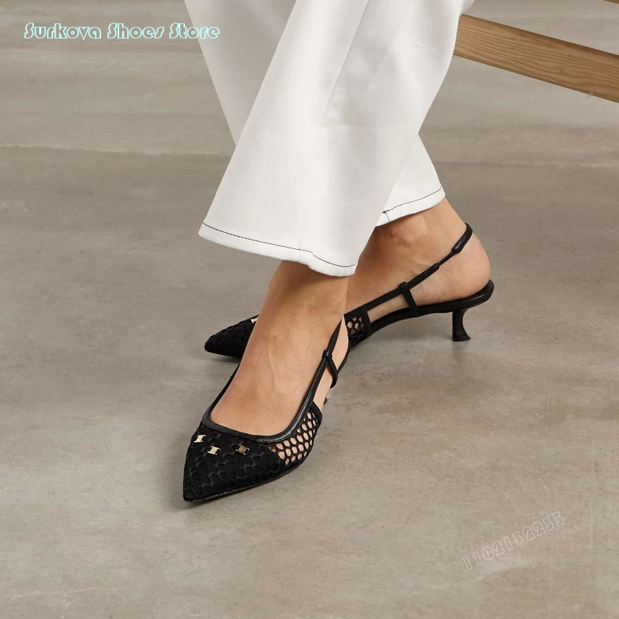 Женские босоножки на шпильке Surkova черные сетчатые туфли-лодочки с острым носком и