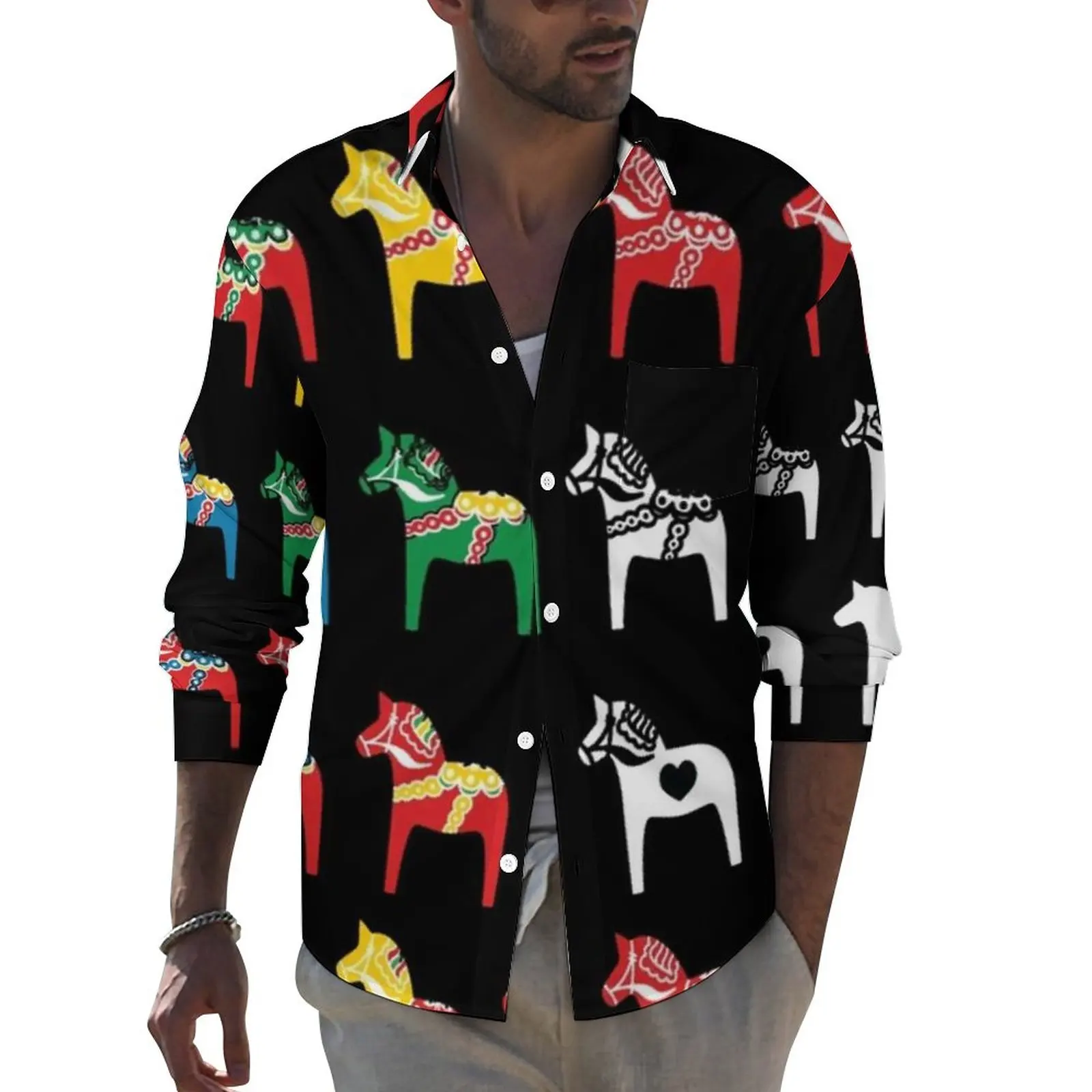 

Sweden Horse Colorful Shirt Dala Horses Traditional Art Casual Shirts Long Sleeve Design Blouses Autumn Trending Oversized Tops