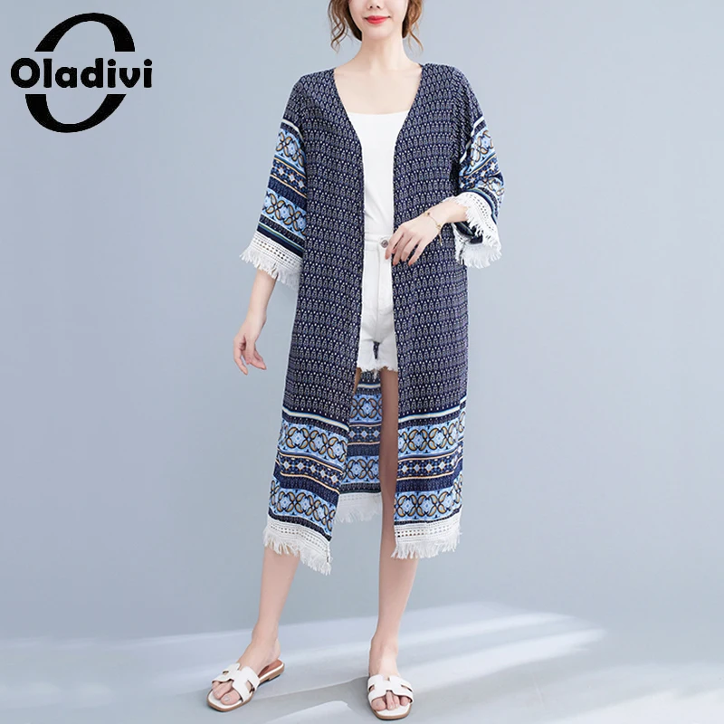 

Oladivi Oversized Women Sun Protection Chiffon Blouse 2022 Summer Tassel Sleeve Thin Shirts Long Tops Casual Loose Kimonos L XXL