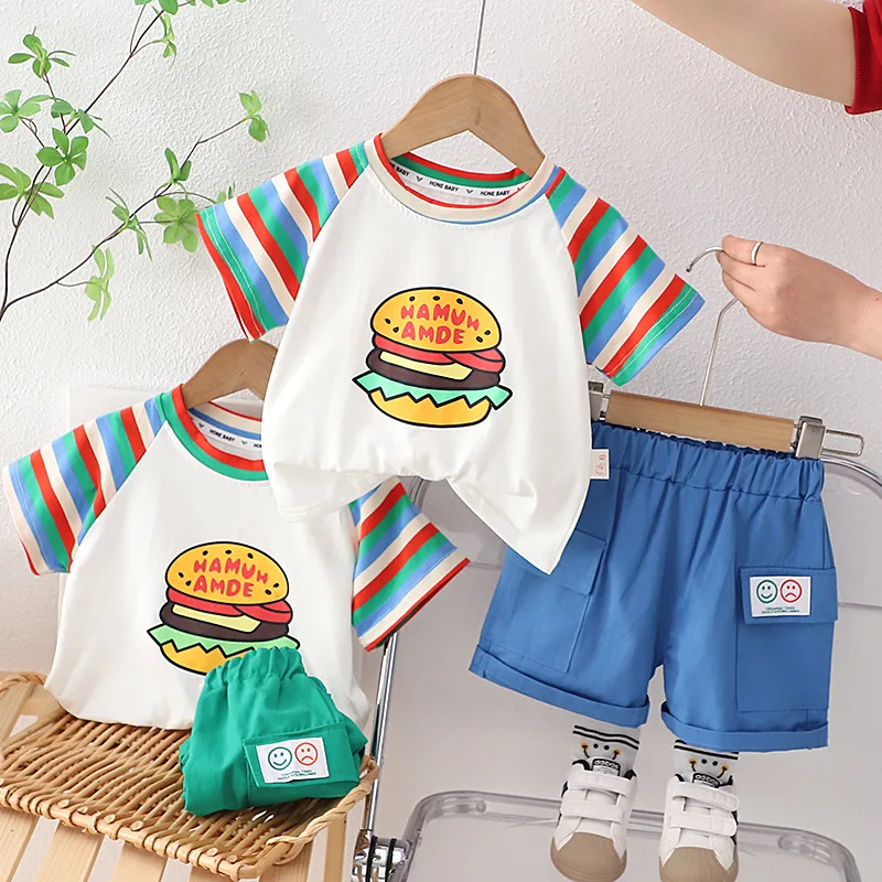 

2023 New Summer Child Clothes Sets Short Sleeve O Neck Print Hamburg Blue 2 Piece Sets Designer Boys Clothes Sets 12M-5T