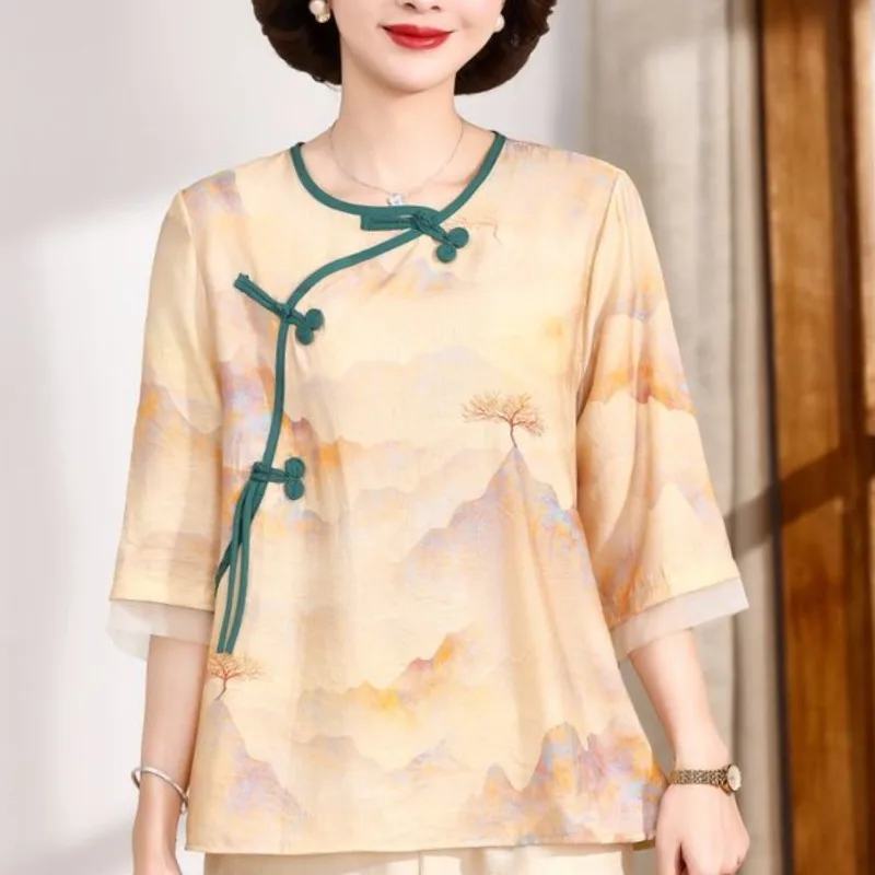 Женская свободная рубашка в китайском стиле Элегантная блузка с круглым вырезом