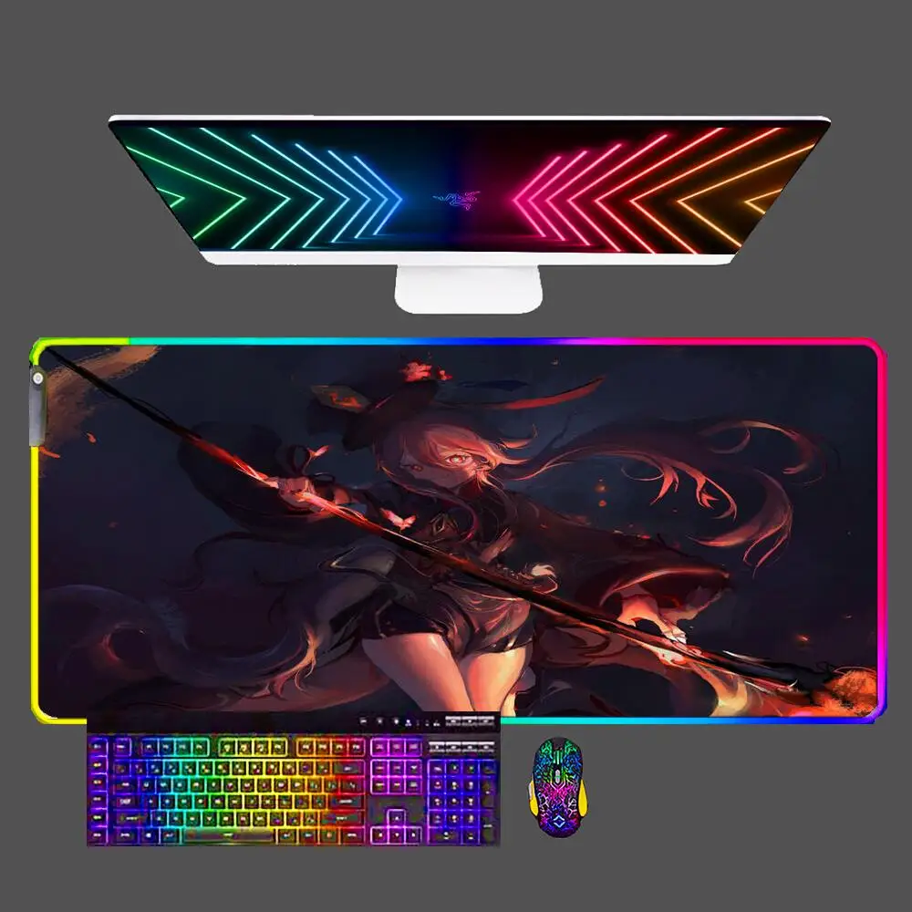 

Игровой коврик для мыши Genshin Impact Hu Tao, RGB, большой компьютерный геймерский Настольный коврик для мыши, резиновый игровой коврик для мыши с зак...