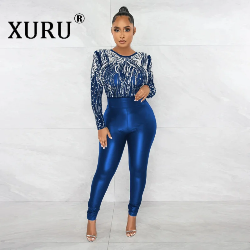 XURU Sexy Perspective Hot Drill Jumpsuit, Casual Slim Fitting High Neck Jumpsuit for Women, Black Trousers