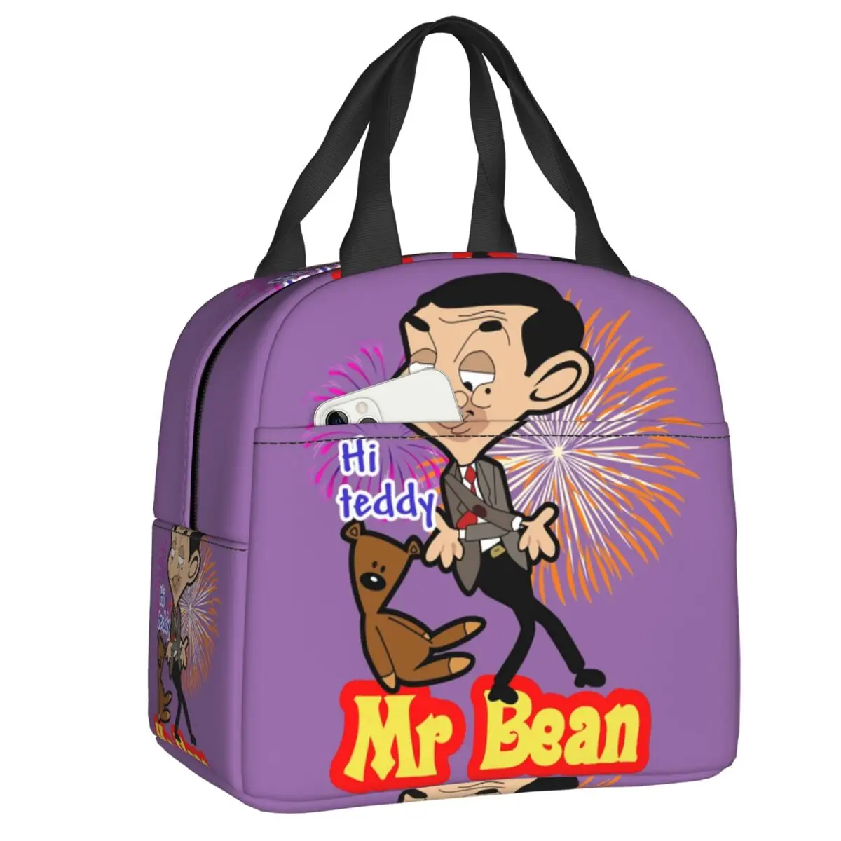 Cute Hand Drawn Cartoon Image Of Mr Bean And His Bear Insulated Lunch Bags for Women Portable Cooler Thermal Bento Box