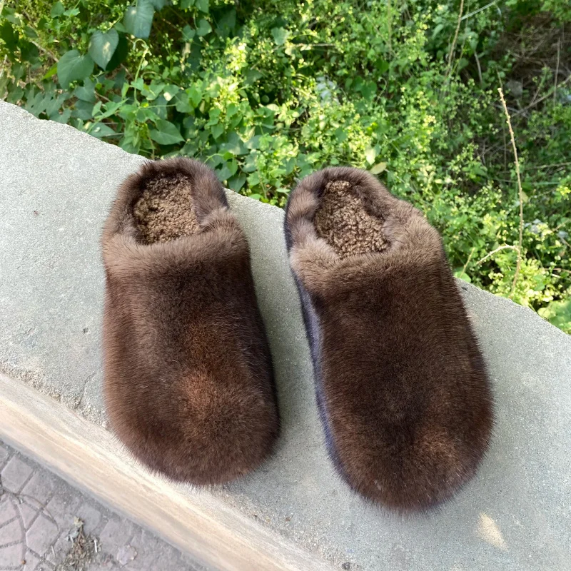 Фото Женские мюли и сабо из меха норки, мягкие и удобные шлепанцы, легкие сандалии без застежек для женщин, плоские пушистые плюшевые тапочки №2