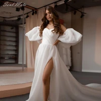 simple organza boho wedding dresses detachable puff sleeves high slit a line lace up bridal gowns long train vestidos de novia