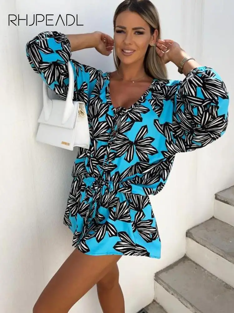 

Women Playsuit Long Sleeve V-neck Print Lace-up Casual Rompers Female 2022 Summer Fashion Boho Playsuits Ladies Jumpsuits