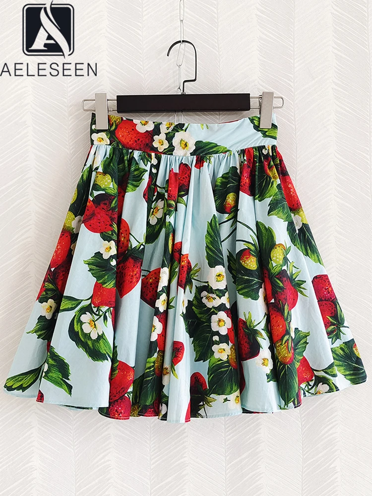 AELESEEN Designer Fashion Women Mini Skirt High Quality 100% Cotton Strawberry Flower Print Casual Poplin Holiday Vacation