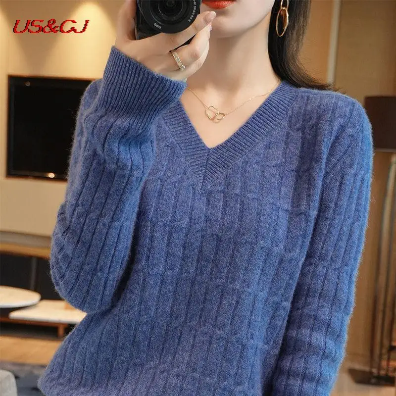 

Autumn Winter Twist Sweaters Women Loose Korean Version All-match Pullover Tops New Casual V-neck Long Sleeve Bottoming Sweaters