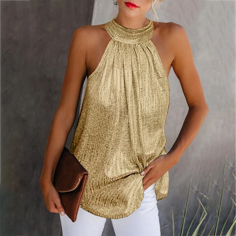 

Sequined Elegant Halter Party Blouses for Women Summer Sleeveless Loose Shirts Tops Office Ladies Plus Size 5XL Y2K Clothing