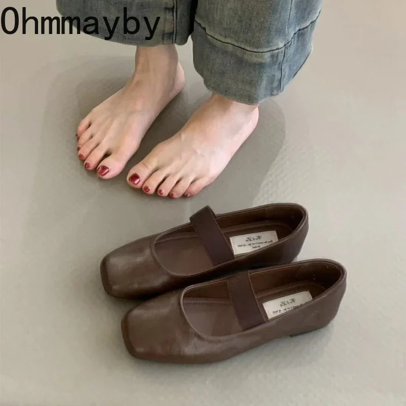 Женские балетки с квадратным носком модные на мелкой резинке весенне-осенние