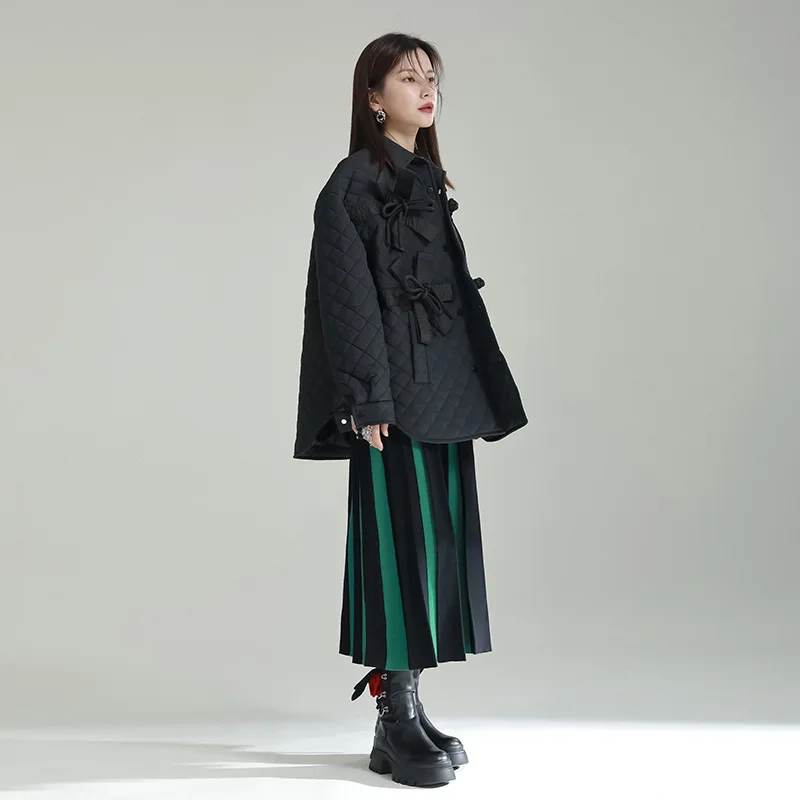 Black Rhombus Cotton Jacket Female Winter 2022 Retro Bow Coiled Buckle Loose Medium-Length Section Silhouette Jacket