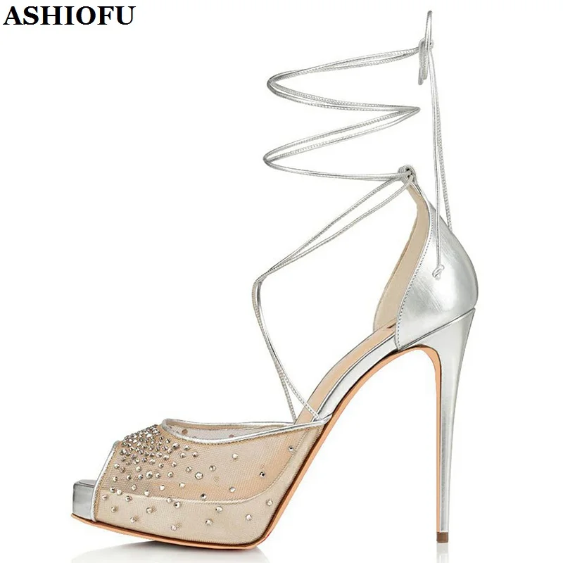 

ASHIOFU Handmade New Classic Style Ladies High Heels Sandals Rivets Spikes Crisscross Shoelace Platfrom Evening Fashion Shoes