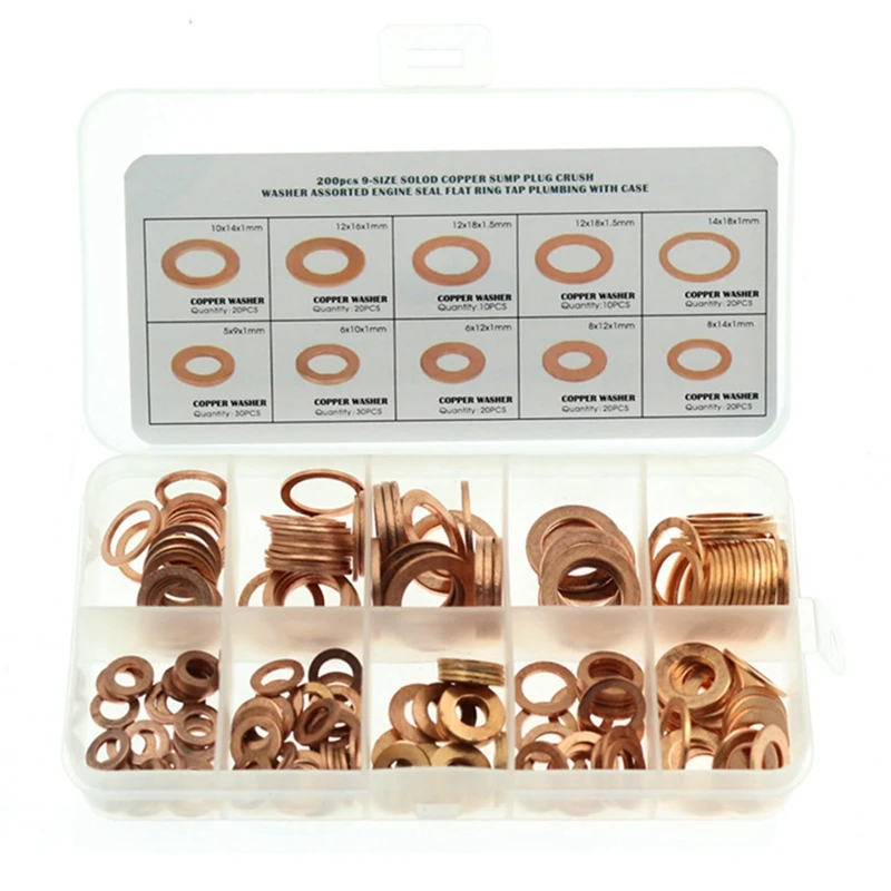 

Copper Washer Assortment Set, 200 Pieces 9 Sizes Copper Metric Sealing Washers Kit