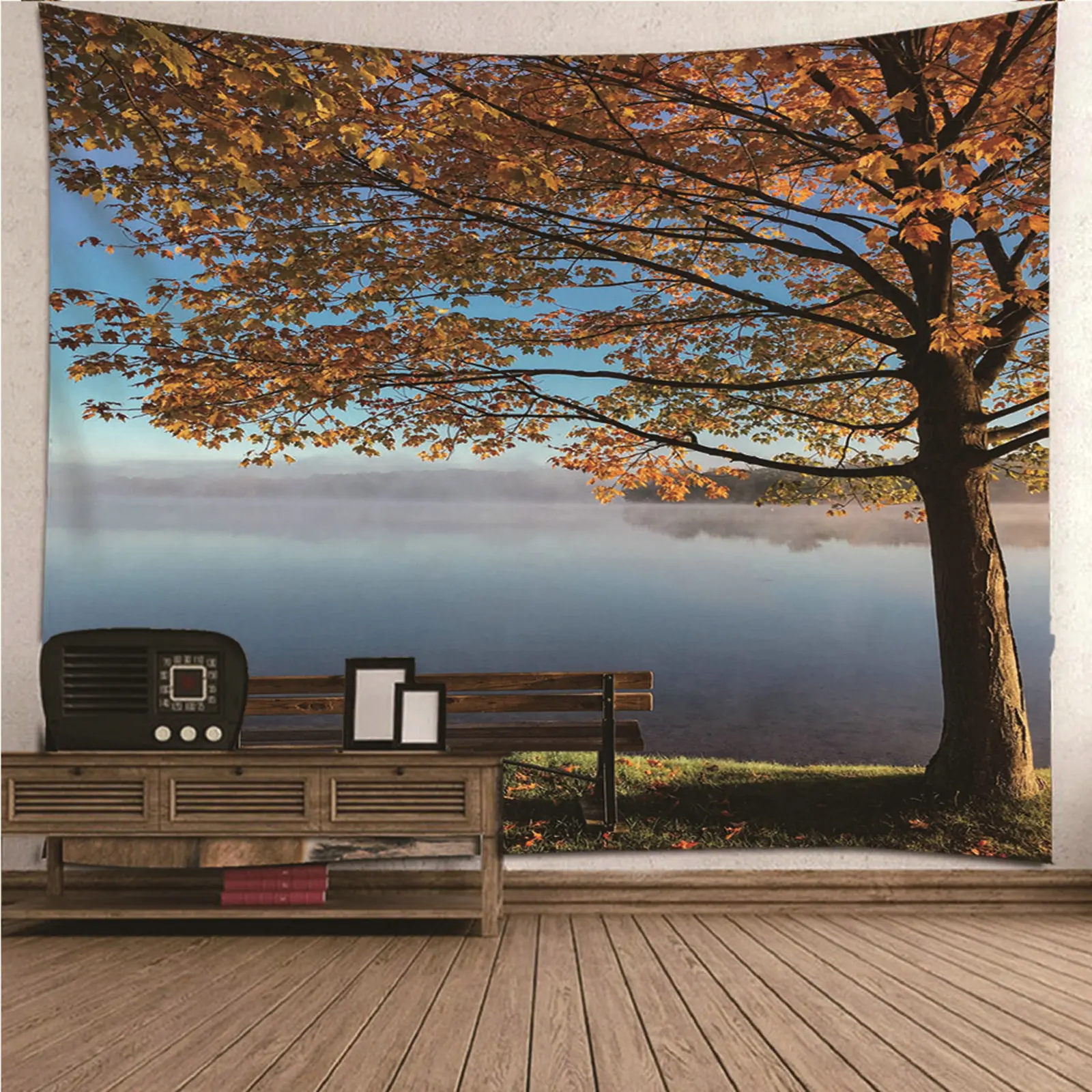 

Домашний декор, современный большой гобелен, природный пейзаж, клен и стулья у озера, Настенное подвесное одеяло, Художественное покрытие д...