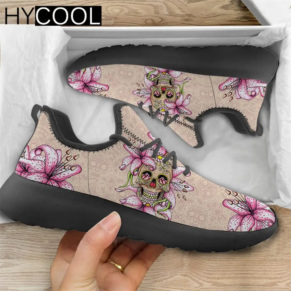 

Женские спортивные кроссовки HYCOOL для бега, дышащие кроссовки на плоской подошве с изображением черепа и лотоса, со шнуровкой, для спортзала и фитнеса