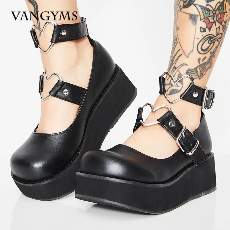 

VANGYMS INS Brand Large Size 43 Women Heart Buckle Platform Mary Janes Pumps Sweet Lolita Cosplay Quality Goth Women's Shoes