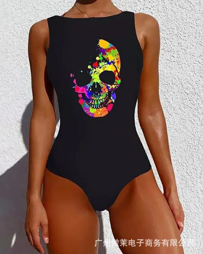 Женский слитный купальник с принтом черепа без рукавов облегающий новинка 2022 |
