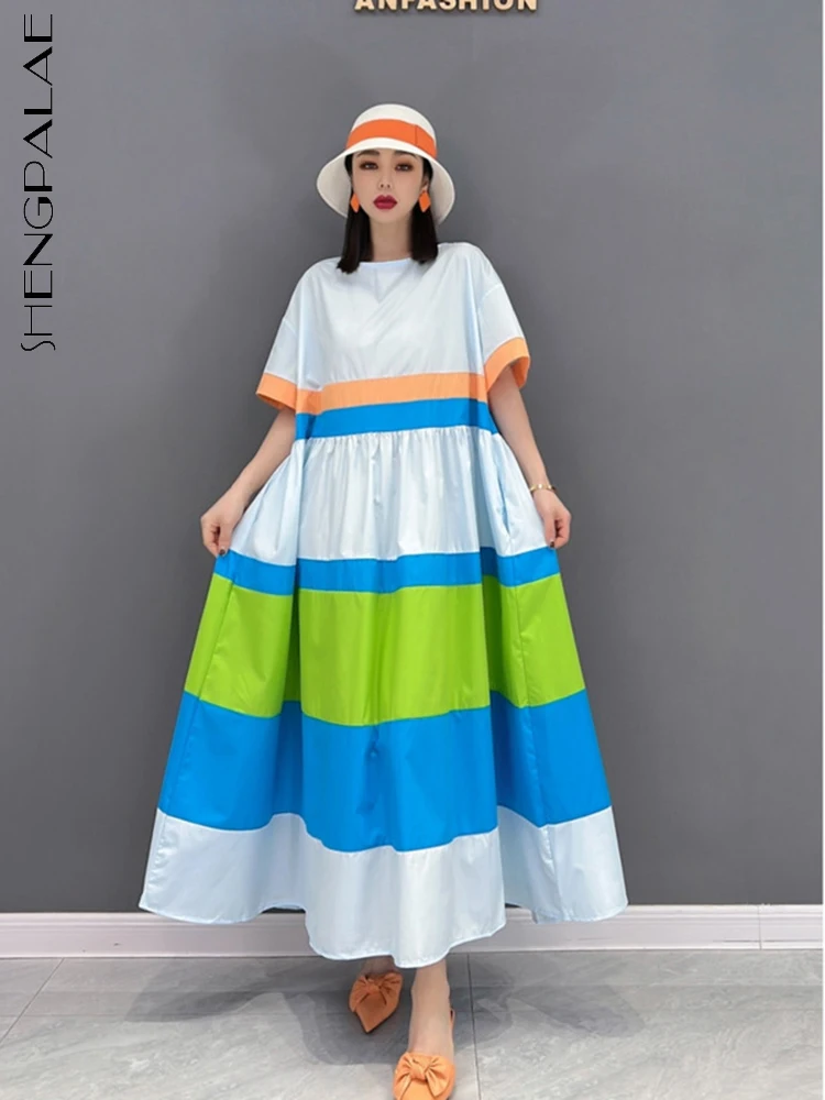 

SHENGPALAE женское платье свободного покроя контрастных цветов с круглым вырезом и коротким рукавом Осень Лето Новинка 2022 Мода 5AE226