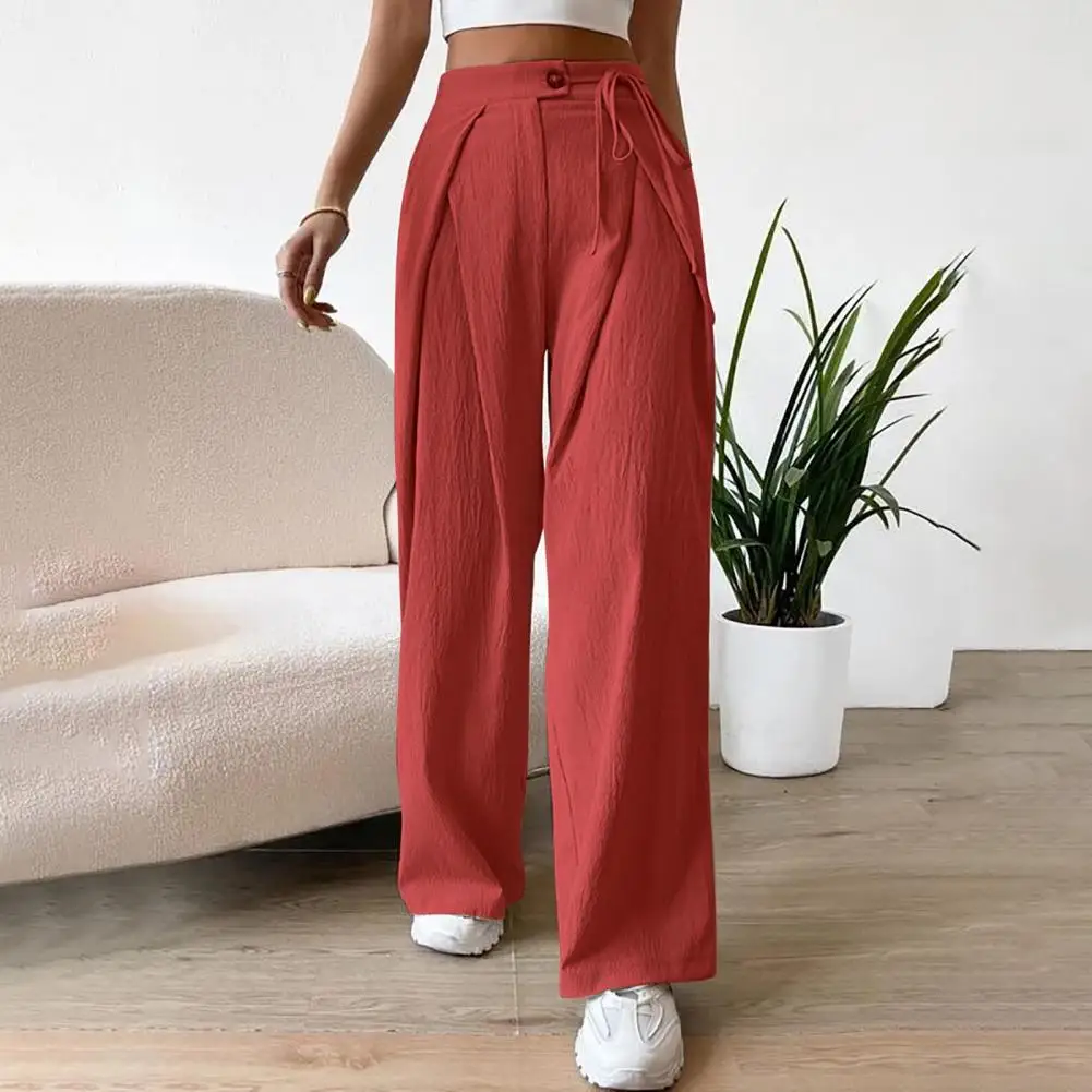 

Women Pants High Waist Solid Color Wide Leg Full Length Straight Soft Solid Color Zipper Button Closure Lace Up Straps Lady Trou