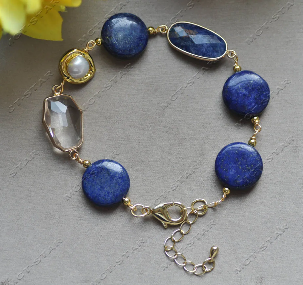 

Z12867 9" 16mm Blue Coin Lapis Lazuli White Pearl Clean Crystal Bracelet