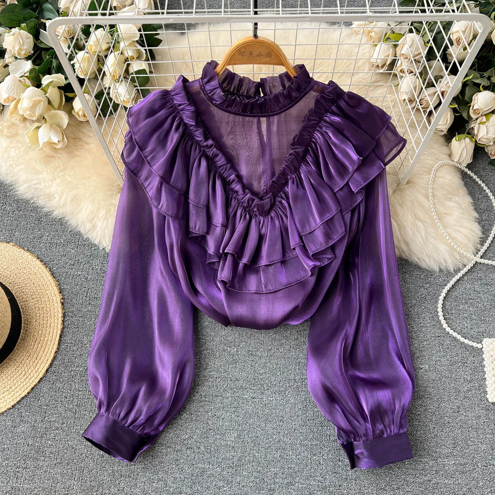 

Autumn Niche Design Lotus Leaf Unique Unique Foreign Style Beautiful Long-sleeved Shirt Women