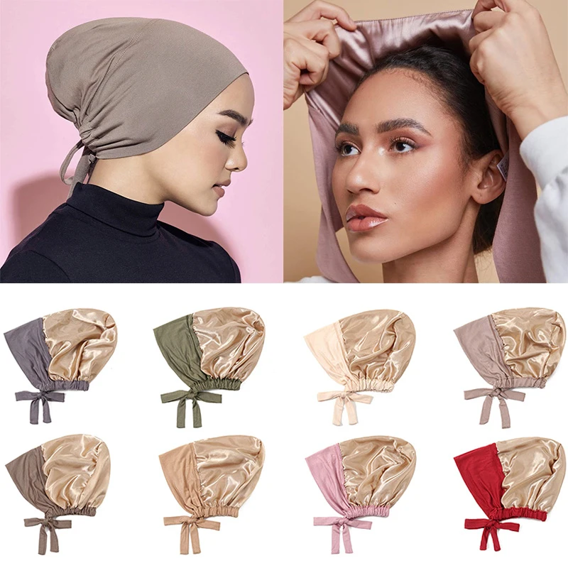 

Women Elastic Tie Back Inner Muslim Hijab Caps Cotton Neutral Elastic Underscarf Modal Bonnet Headwrap Rope Cap Turbante Mujer