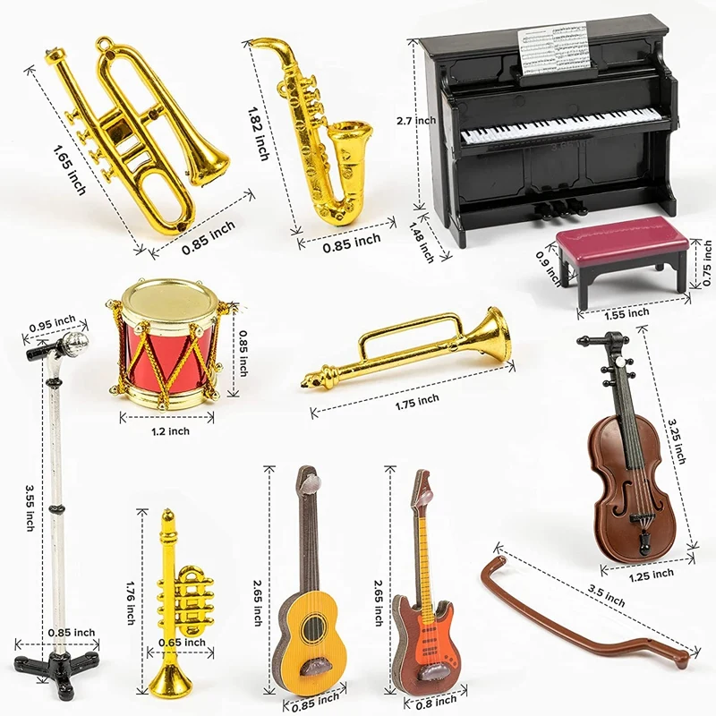 Набор миниатюрных музыкальных инструментов для кукольного домика 12 шт.
