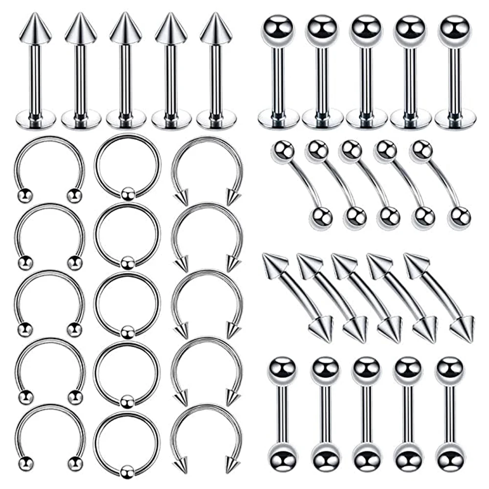 

40Pcs Mixed Body Piercing Jewelry Lot Stainless Steel Nose Horseshoe Lip Tongue Eyebrow Tragus Navel Belly Ring Barbells