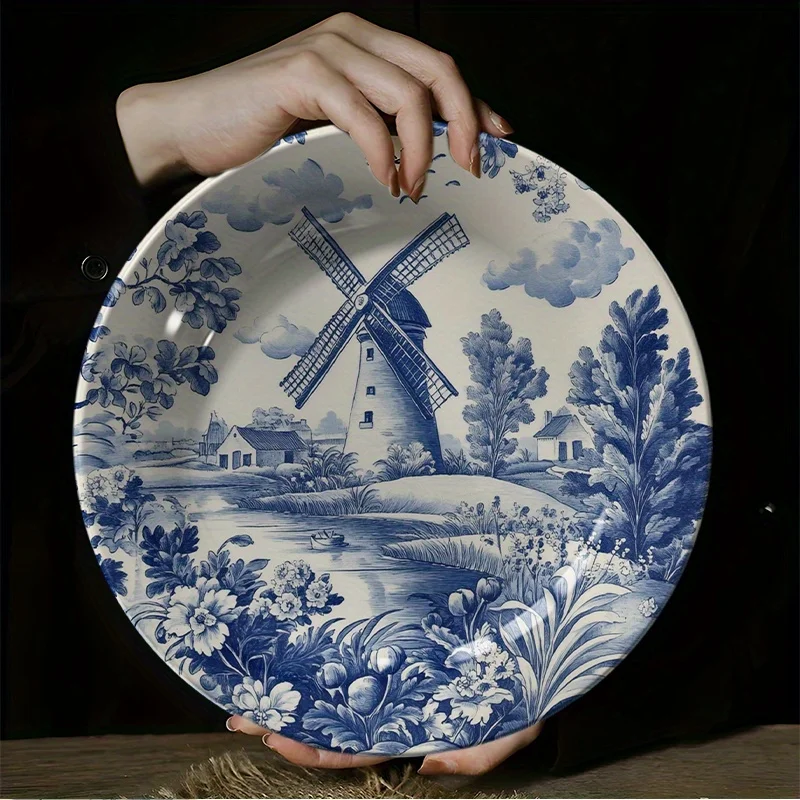 

Винтажная сине-белая керамическая тарелка с ветряной мельницей