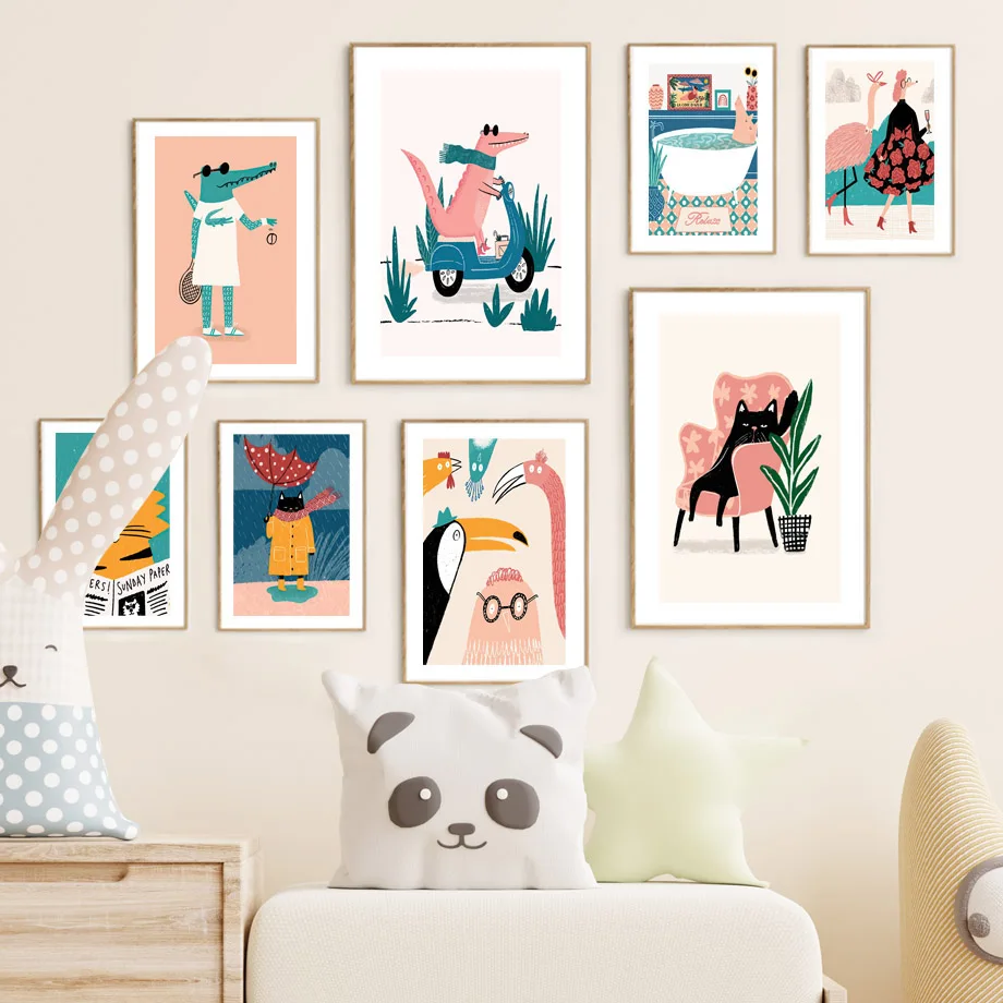 Настенная роспись с забавными животными чтение кошка ванночка свинья шоппинг