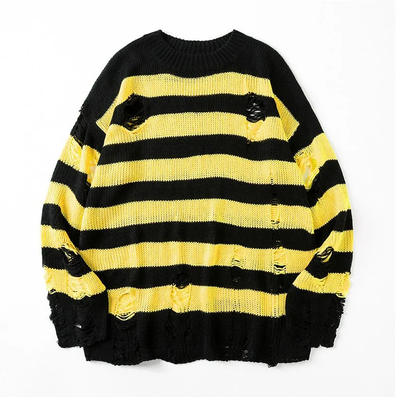 Couple Ripped Sweater Men and Women Trendy Brand Knitted Round Neck Striped Outer Sweater