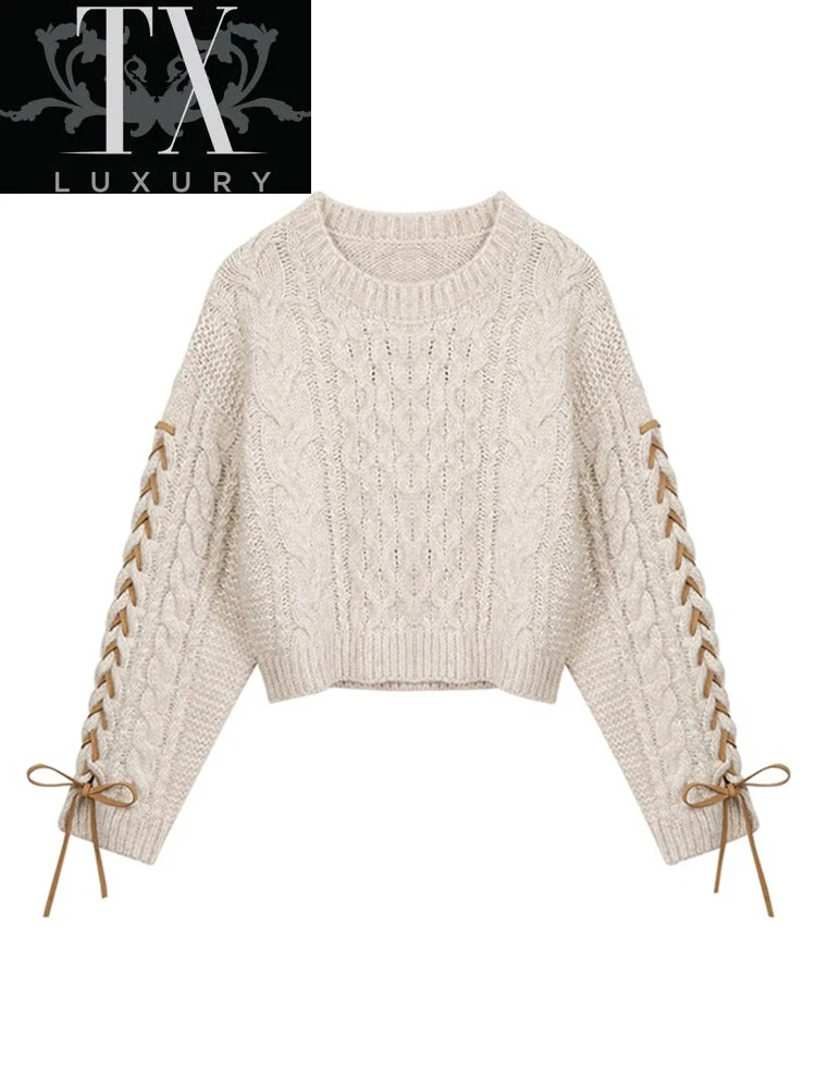 

Long Sleeve Knitted Sweater Crop Tops O Neck Lace Up Fashion Pullovers Women Fall Winter Clothes Korean Short Pull Female