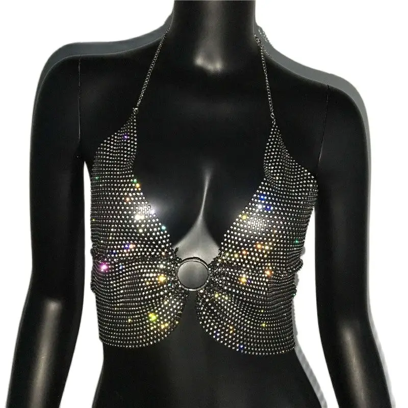 Женские сексуальные укороченные топы с лямкой на шее и пуш-ап блестящие