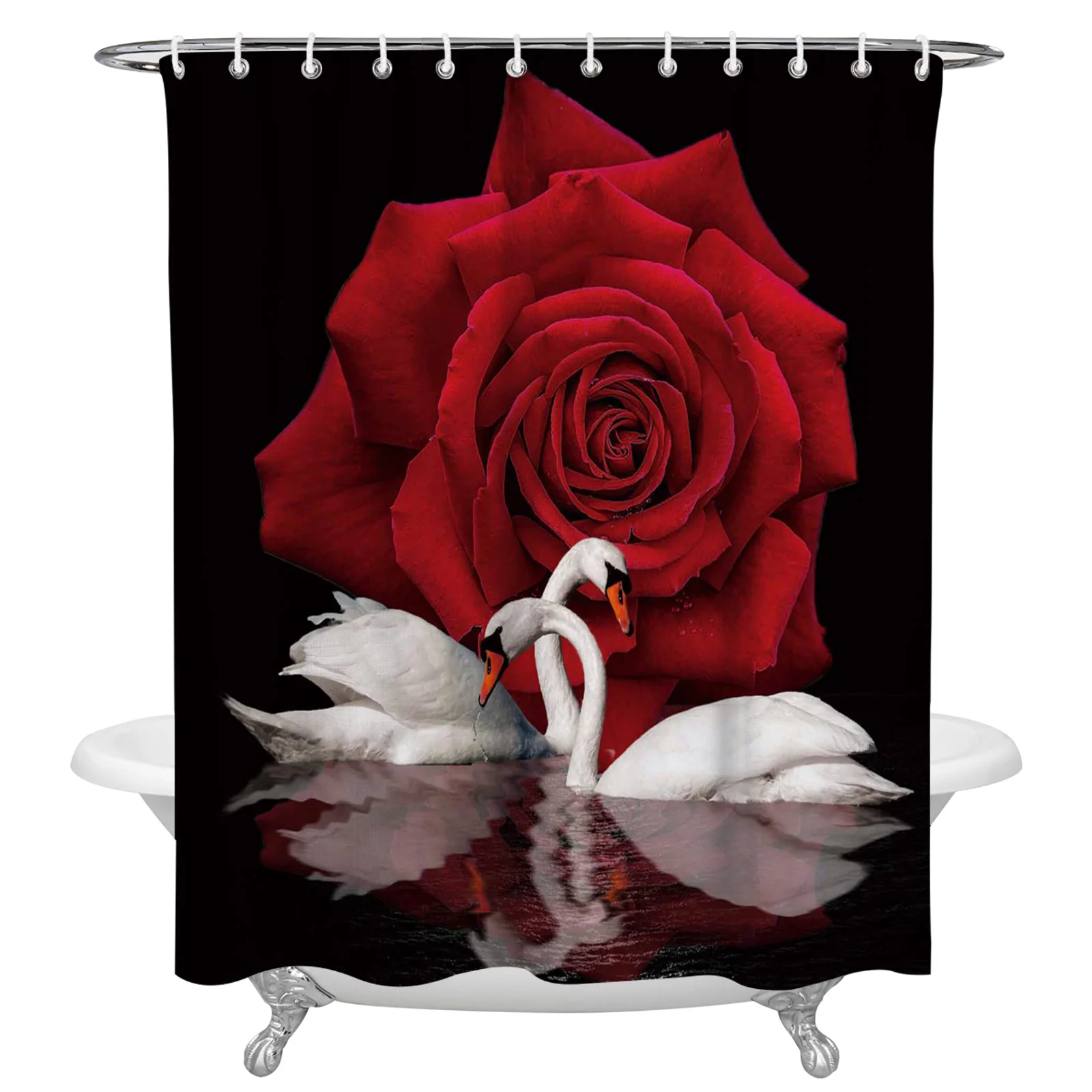 

Rose Flower Swan Lake Reflection Shower Curtain Luxury Bathroom Decor Waterproof Curtains Polyester Bath Curtain